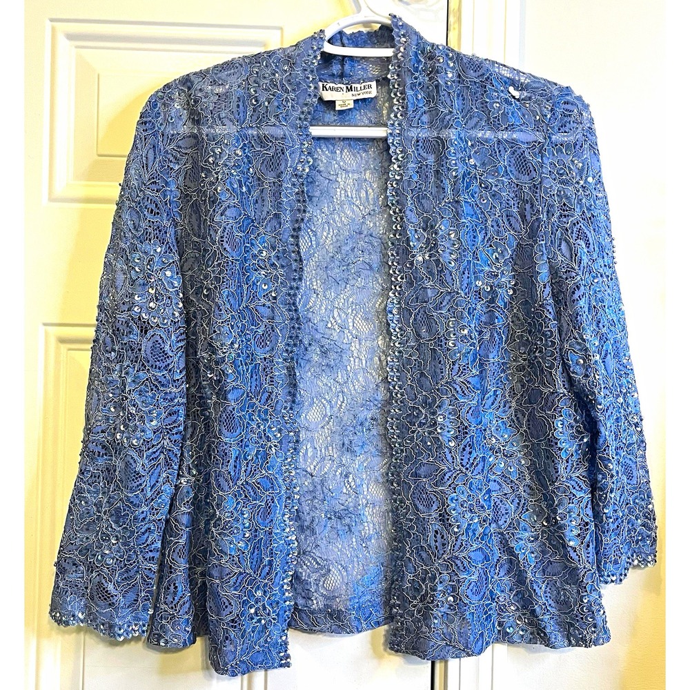 VTG Karen Miller Light Blue Sheer Lace Sequin Jacket 12 Fairycore Whimsigoth